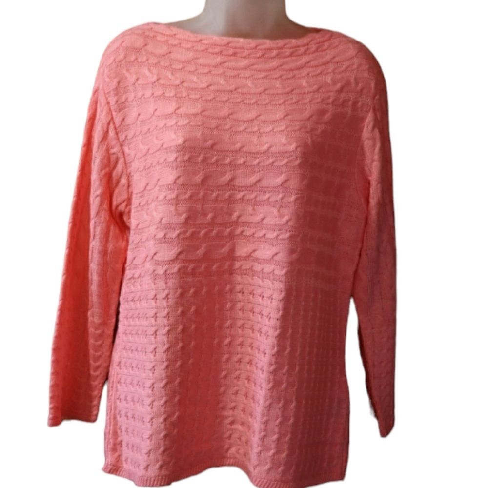 Ruby Road Vintage Coral Pink Cable Knit Boat Neck Pullover Sweater Large